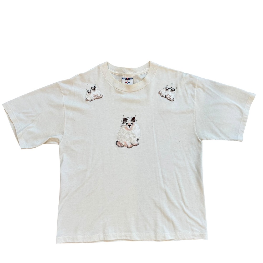 Vintage Jerzees Embroidered Cat T-Shirt Cream Rhinestone Himalayan Siamese M